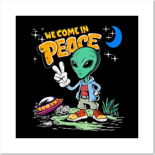 Funny We Come In Peace Cute Alien And Flying Saucer Design Posters and Art